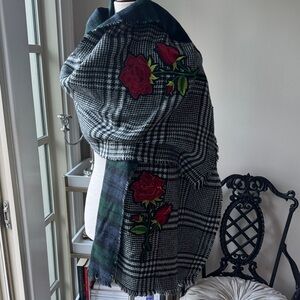 Chic double sided Plaid scarf with Red Floral Embroidery